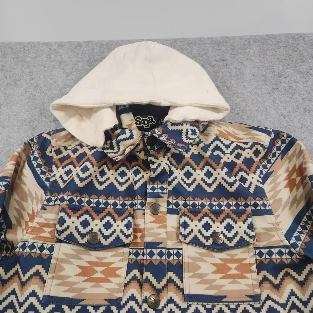 Saga Outerwear Jacket Mens Medium Aztec‎ Print Hooded Snowboard Ski Tan Navy